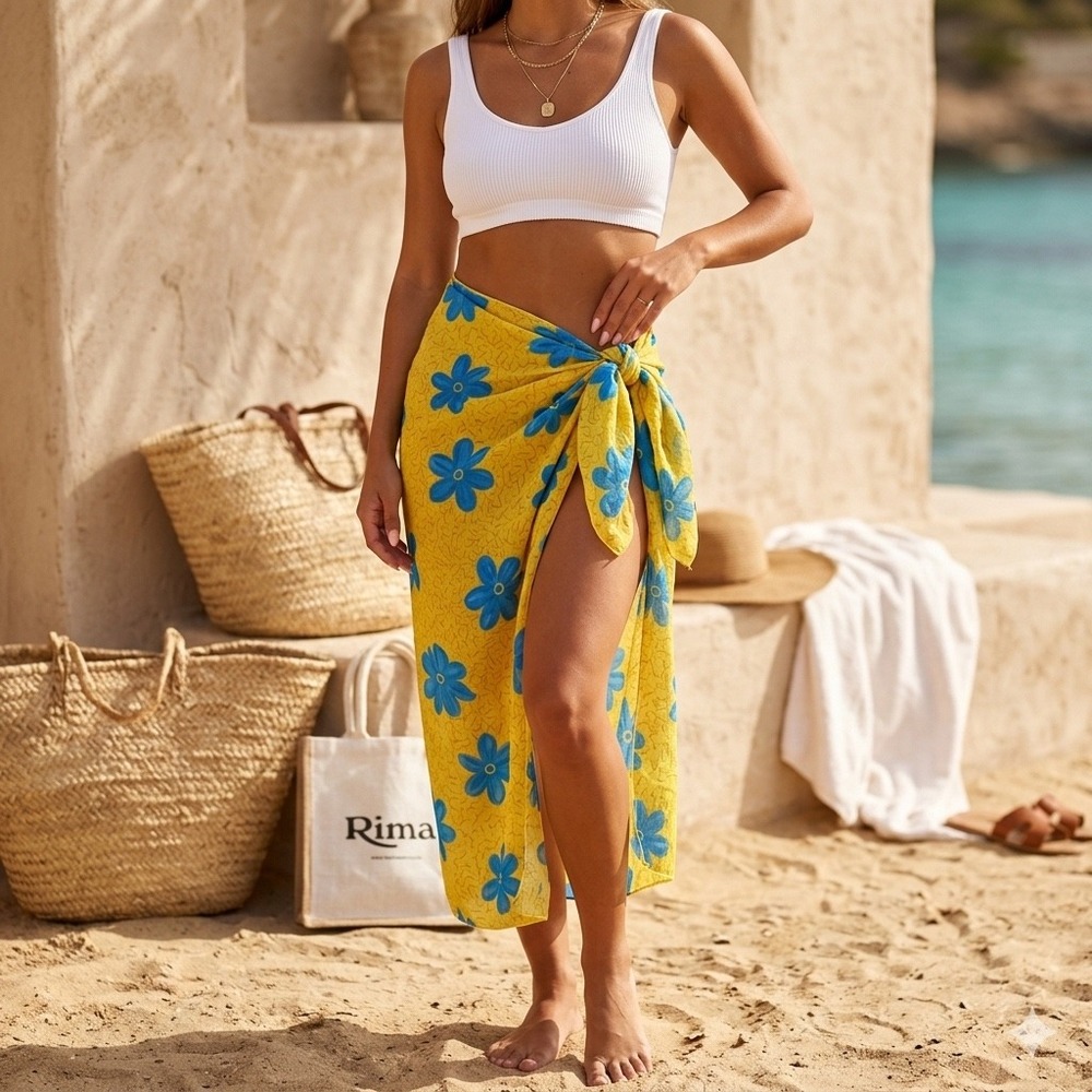 Rima Yellow Blue Floral Sarong Wrap Beach Coverup Terry Voile 64x40 Island